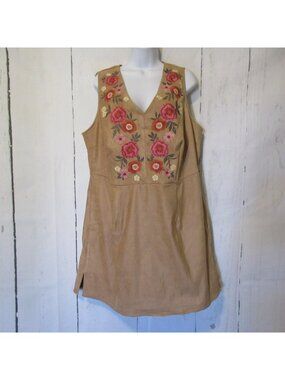 New Savanna Jane Dress 1X Brown Floral Embroidered Faux Suede Jumper Boho